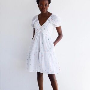 Never A Wallflower Coco White Embroidered Puff Sleeve Mini Dress Size XS